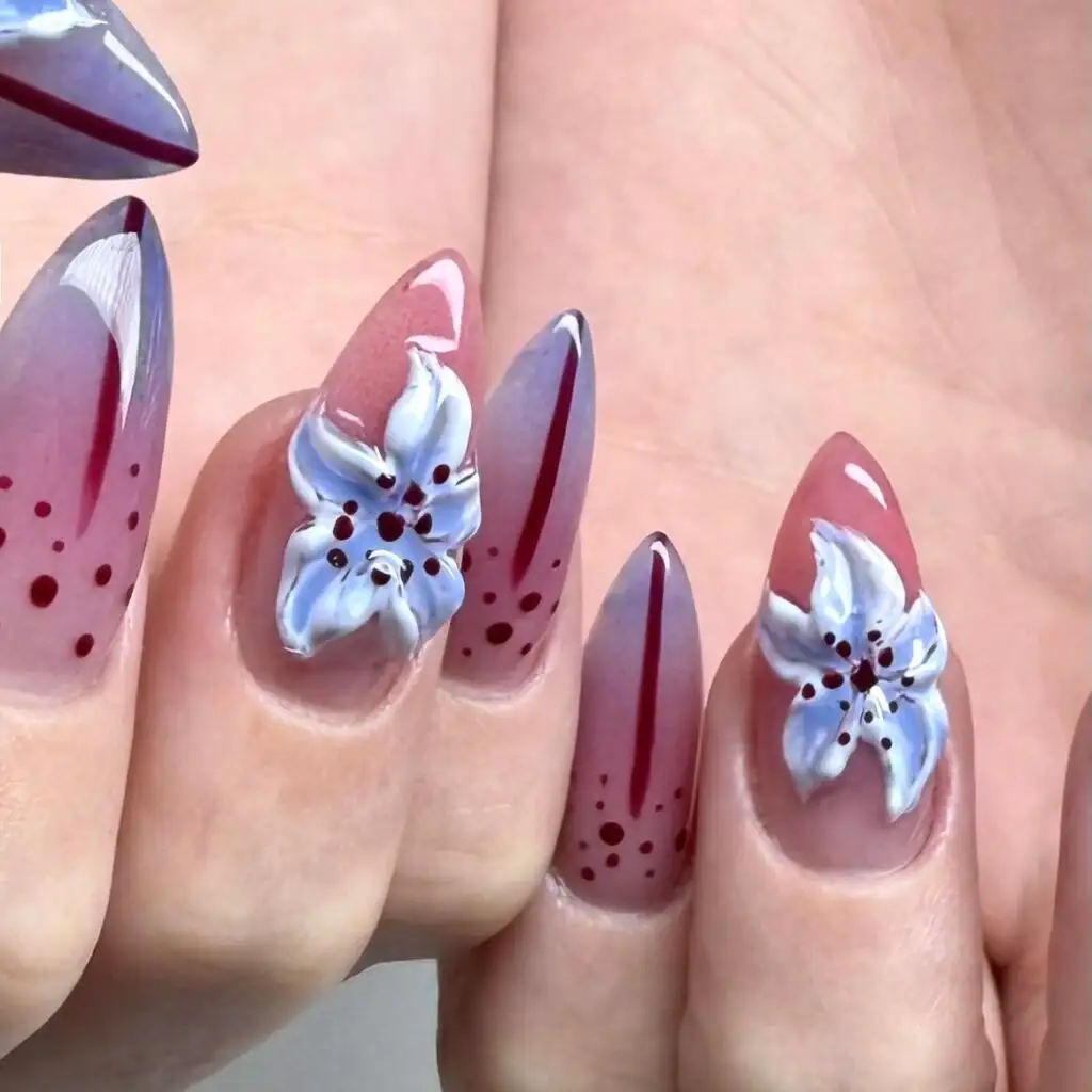 Mauve Ombré Stiletto-Set mit handmodellierten 3D-Lilien